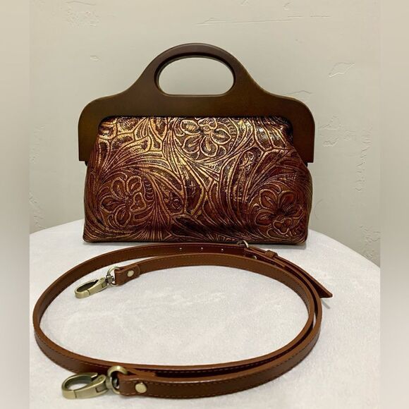 Vintage Style Handmade Genuine Embossed Leather Wooden Frame Bag/Crossbody - Picture 7 of 16